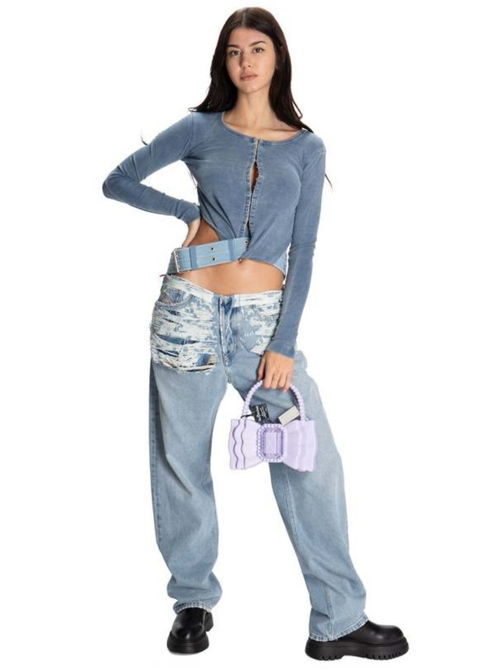 Diesel T Long Sleeve Hildi High Fashion Ribbed Small Acid Wash